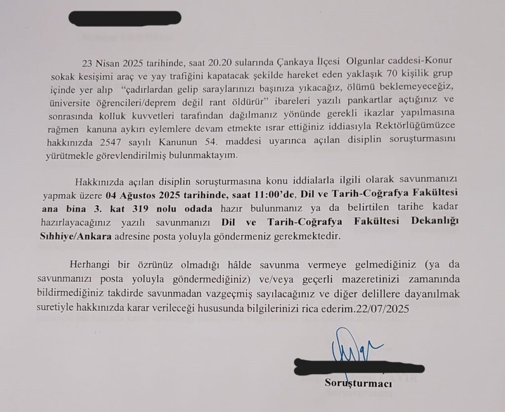 Ankara Üniversitesi deprem eylemine dair  soruşturması.